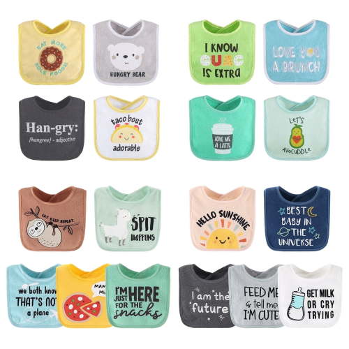 The Peanutshell Unisex Terry Bibs, 18 Pack for Feeding, Teething, or Drooling, Neutral Foods/Hello Sunshine