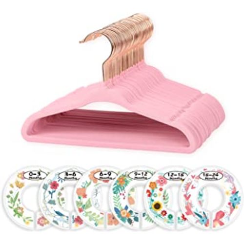 Rose Gold Baby Velvet Hangers 30 Pcs & 6 Closet Organizer Dividers, Non-Slip Kids Hangers, Pink