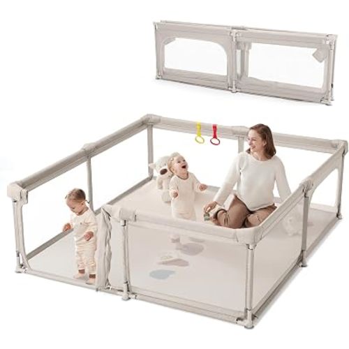 Foldable Baby Playpen with Double Door, 79"×71" Extra Large Playpen for Babies and Toddler,Play Yard with Breathable Mesh, Baby Fence Play Area for Indoor & Outdoor,Khaki