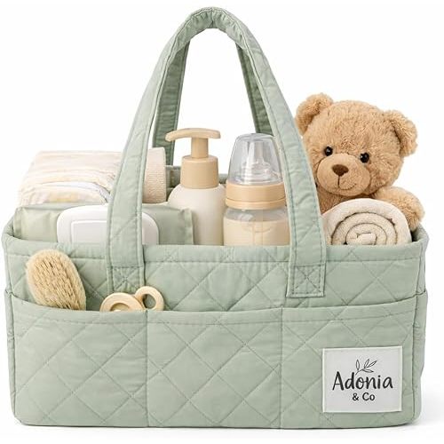 Adonia & Co Diaper Caddy Organizer – Nursery Storage Basket for Newborn Essentials Must Haves & Baby Must Haves – Portable, Machine Washable Baby Diaper Bag Organizer (Green)