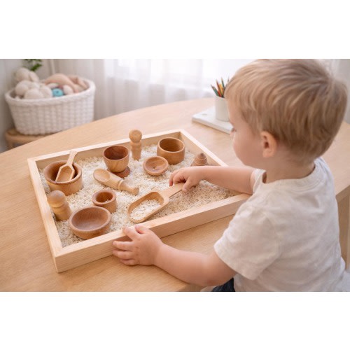 Montessori Wooden Sensory Bin Tools, 14-Piece Play Set with Scoops, Bowls, Peg People
