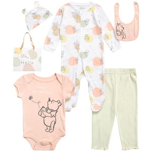 Disney Newborn Baby Girl Boy Clothes - 7 Piece Mickey Mouse Winnie the Pooh Bib Onesie Overall Beanie Pants Gift Bag Gift Set