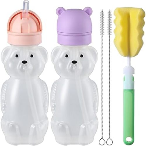 Upgraded 2 Pack Honey Bear Straw Cups for Baby, Toddler - Flip Top, Spill-Proof & Anti-pullout & Pop-up Straw Design - 8 OZ Squeezable Transition Sippy Cup for Speech & Feeding Training, Purple&Pink