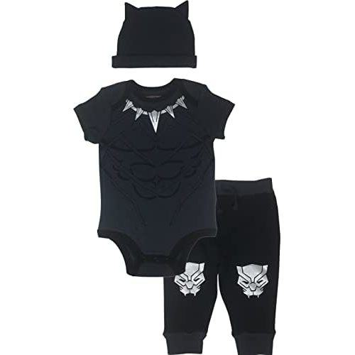 Marvel Avengers Black Panther Baby Cosplay Bodysuit Pants and Hat 3 Piece Outfit Set Newborn to Infant