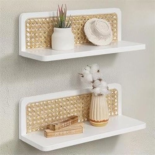 Rattan Wall Shelf 16inch Set of 2, Handmade White Floating Shelves Boho Wall Decor, Rustic Wood Cute Wall Mounted Storage Shelves for Living Room Nursery Bedroom