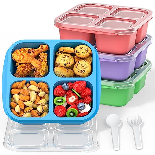 RGNEIN Bento Snack Boxes (4 Pack)- Reusable 4-Compartment Meal Prep Containers for Kids and Adults, Perfect Food Storage Containers for School, Compact and Stackable (PP(Red/Green/Blue/Purple))