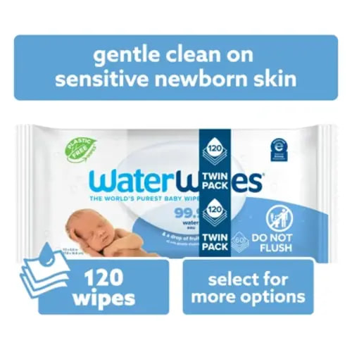 WaterWipes Original 99.9% Water Based Baby Wipes, Unscented, 2 Resealable Packs (120 Wipes)