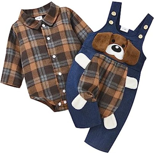 Baby Boy Clothes Infant Outfits Long Sleeve Plaid Bodysuit Romper + Jeans Overalls Jumpsuit Pants Sets