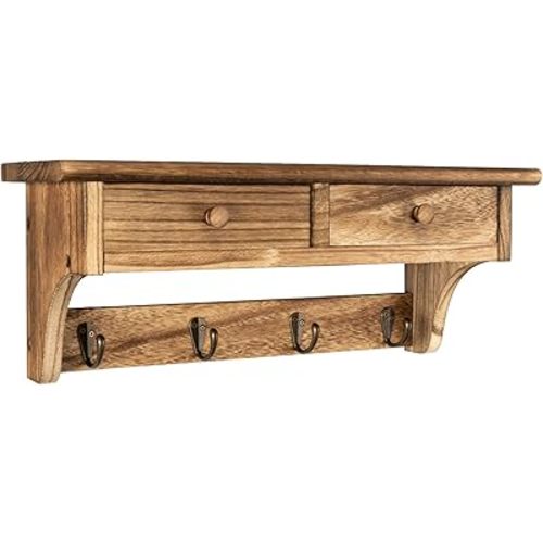 Emfogo Coat Hooks Mounted, Rustic Wood Coat Rack Mount Shelf with Hooks, Farmhouse Coat Rack with Shelf & Coat Hook for Entryway, Mudroom, Bedroom, Kitchen, Bathroom (Brown)