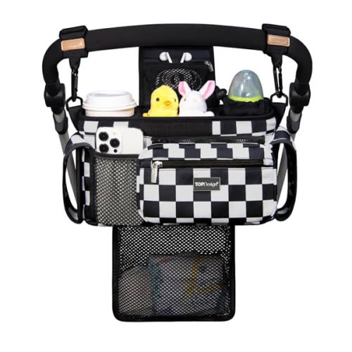 TOPDesign Universal Baby Stroller Organizer, Stroller Caddy with Detachable Mesh Bag & Heightened Insulated Cup Holders & Non-Slip Secure Hooks Accessories, Fits Most Strollers (Checkerboard)