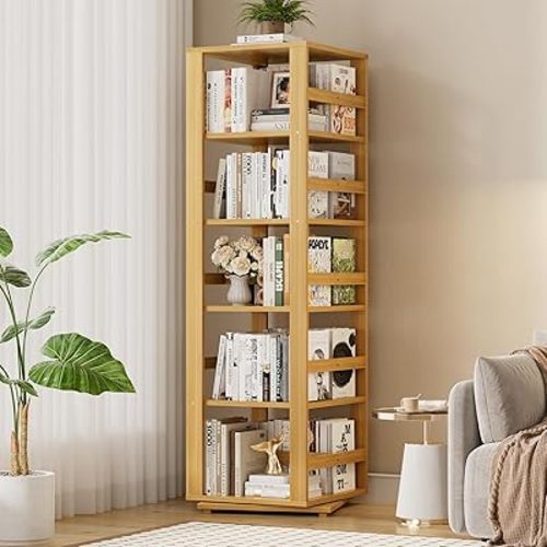 Homykic Rotating Bookshelf, Bamboo 360 Display Spinning Bookshelf Tower, 5-Tier Small Corner Bookcase for Small Spaces, Narrow Revolving Book Shelf Organizer Rack for Home Office, Natural