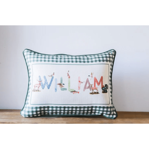 Gingham Wildlife Boy Name Pillow