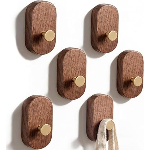 Novabright 6 Pack Wall Hooks Walnut Coat Hook with Bronze Stick on Bathroom Bedroom Kitchen Hotel for Hanging Hat Purse Backpack Bag Jacket Modern Farmhouse Decor for Wall and Practical Entryway