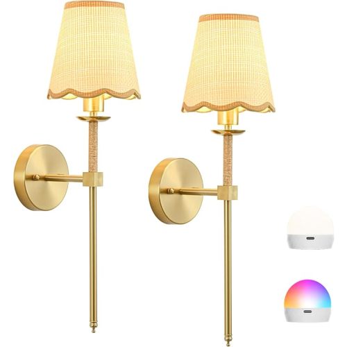 KernLite Boho Battery Operated Wall Sconce Set of 2, Gold Wireless Rechargeable Wall Lights with Rattan Shade, 12 RGB and 3CCT Dimmable Cordless Wall Lamps with Remote for Bedroom Living Room