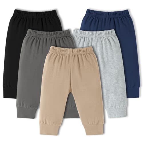 5 Pack Baby Boys Pants Toddler Pull on Sweatpants Infant Cotton Joggers | Breathable,; Soft; Room for Diaper; Rib-knit cuffs