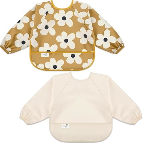 BebeBiu Long Sleeve Baby Bib, Waterproof with Catch-All Pocket, 6-24 Months, 2-Pack - Floral Lovry