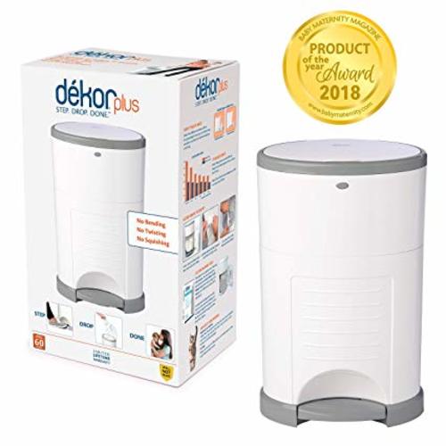 Dekor Plus Hands-Free Diaper Pail | White | Easiest to Use | Just Step – Drop – Done | Doesn’t Absorb Odors | 20 Second Bag Change | Most Economical Refill System |Great for Cloth Diapers - white w/gray trim