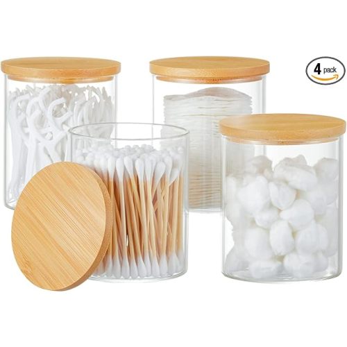 INIUNIK 4 Pack Glass Qtip Holder Dispenser Glass Apothecary Jars with Lids Cotton Ball Swab Pad Holder Bathroom Essential Canisters Accessories Jars for Bathroom Organization Vanity Organizers