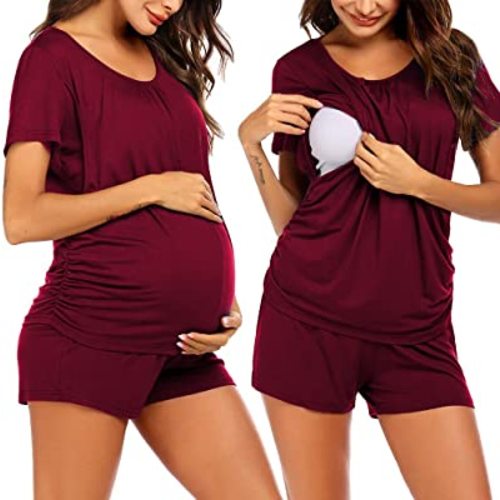 Ekouaer Women's Maternity Nursing Pajamas Set Breastfeeding Sleepwear Double Layer Short Sleeve Top & Shorts Pregnancy PJS