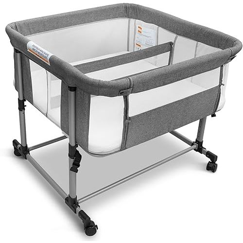 Twin Bassinet for 2 Babies, Double Bassinet for Twins, Baby Bassinet with Wheels, Full-Mesh Sides, 5-Height Adjustable, Portable and Stable Baby Crib for Newborns (Basic Grey)