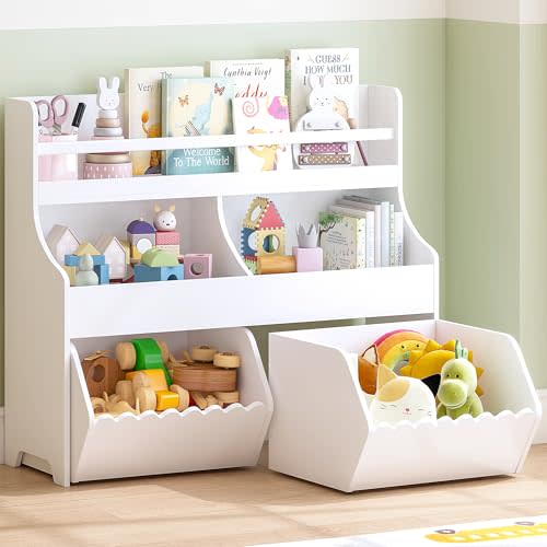 Spirich Kids Toy Storage Organizer with Bookshelf, 3-Tier Toy Storage Cabinet, Toy Shelf with 2 Movable Toy Storage Bins, 5-Compartment Montessori Shelf for Nursery, Playroom, Classroom, White