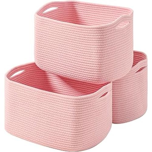 Storage Baskets for Organizing Shelves, Pink Basket for Nursery, Woven Cotton Rope Baskets for Storage, Towel Basket for Bathroom, 15"x11"x9.5", 3 Packs, Light Pink
