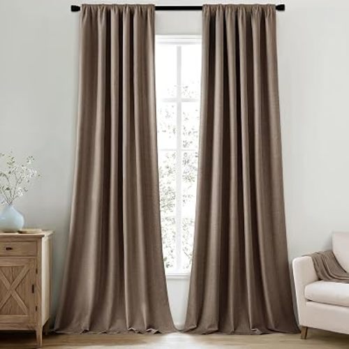 MIULEE 100% Blackout Back Tab Pleat Linen Curtains 50" Wx96 L,Dutch Cocoa