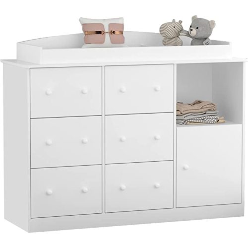 FUFU&GAGA Large Modern Wood Nursery Storage Dresser Chest with Wide Table Top, 6 Drawers & 1 Door & 1 Door, 1 Shelves, Wide Storage Space Functional Organizer - Large - 6 Drawers - 1 Door - 1 Shelf
