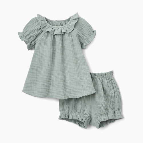 Elegant Baby Organic Muslin Collared Dress & Bloomer Set - Light Sage, 9-12M
