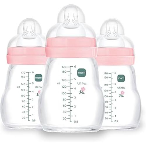 MAM Feel Good Slow Flow, Premium Glass Baby Bottles, Newborn Essentials Must Have, Easy Switch Between Breast and Bottle, 6oz, 0+ Months, BPA Free, Girl, 3 Pack