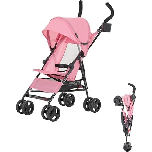 Dream On Me Rover Convenience Baby Stroller – Lightweight & Compact Travel Umbrella Stroller, Quick One-Hand Fold, Lockable Rear Wheels, Adjustable Canopy, 3-Point Safety Harness & Cup Holder - Pink
