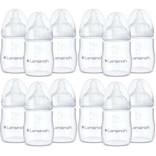 Lansinoh Anti-Colic Baby Bottles, BPA-Free Plastic, 5 Ounces, Slow Flow Nipples (Size S), Breastfeeding Bottle with NaturalWave Design, Baby Essentials (Pack of 12)