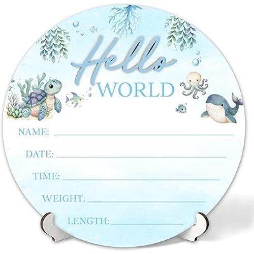 3D Sea Animals Hello World Newborn Sign for Hospital, Ocean Animals Baby Announcement Sign for New Baby Boy Girl, Welcome Babies Birth Wooden Signs for Nursery, Newborn Photography Props-A04