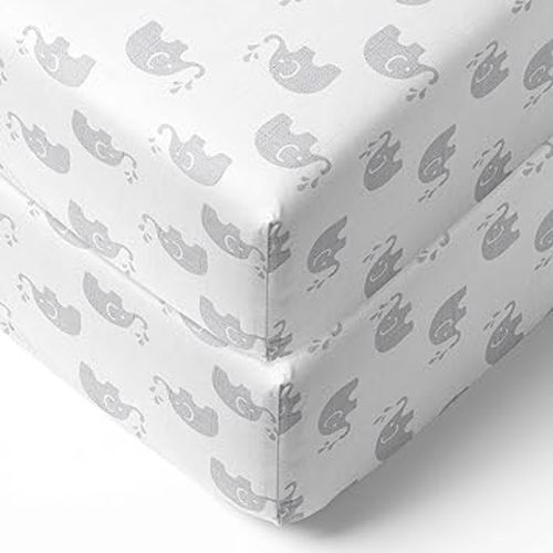 Bacati - Elephants Silky Soft Breathable 100% Cotton Muslin Baby Crib Fitted Sheets - Fits Standard 28 x 52 x 5 Crib & Toddler Mattresses (Grey/White)
