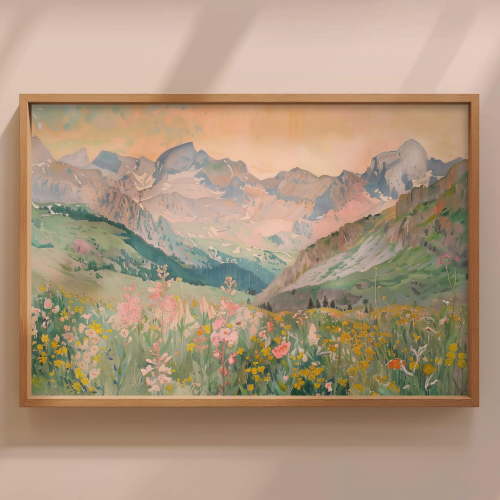 Wildflower Mountain Vintage Wildflower Field Landscape Painting Vintage Landscape Poster Country Field Wall Art Botanical Art Poster Home Decor Poster Only