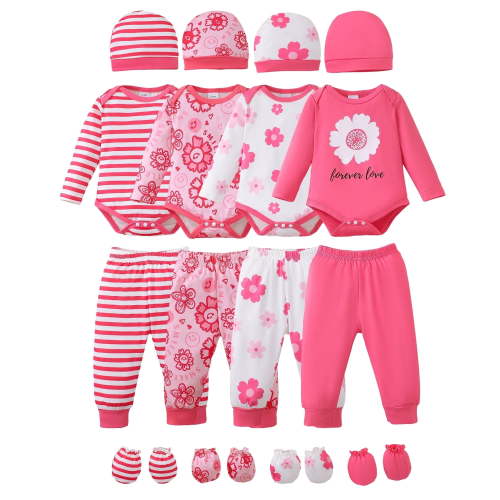 KIMI BEAR Newborn Baby Girls Layette Set 4 Packs 9-12 Months Winter Clothes Outfits Long Sleeves Romper Top Pants Gloves Hats 16 Piece Essentials Accessories Clothing Gift Sets Pink