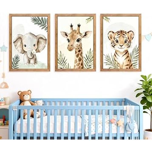 3 Set Safari Nursery Wall Decor, 11x16 Inch Framed Cute Giraffe Elephant Tiger Print Sign, Jungle Theme Cartoon Animal Wall Art for Baby Girl Boy Room Decoration, Natural