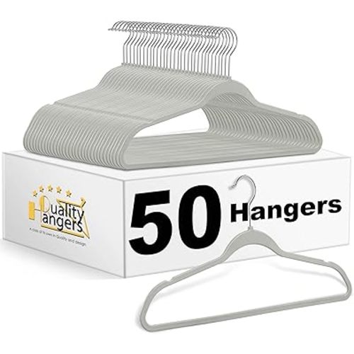 Quality Hangers Clothes Set 50 Pack - Non-Velvet Plastic for Clothes - Heavy Duty Coat Set - Space-Saving Closet With Chrome Swivel Hook, Functional Non-Flocked, Gray