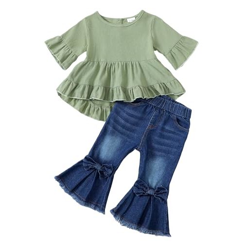 Kucnuzki Toddler Baby Girls Clothes Short Sleeve Shirt Top Flare Denim Jeans 2 Piece Outfits For Girls Cute Clothing Set