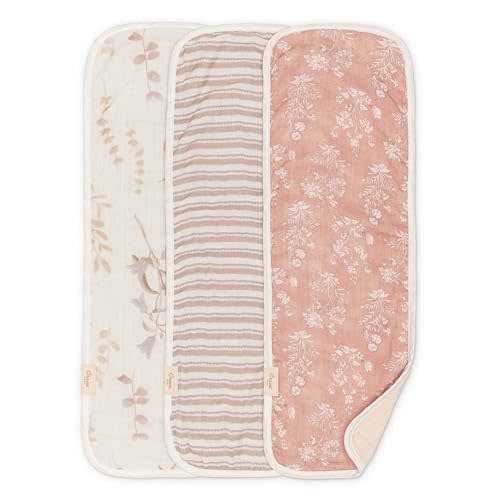Crane Baby Violet Floral Cotton Muslin Burp Cloth Set, 3 Pack Baby Girl Burp Cloths, Absorbent 100% Cotton Muslin, Pink Burping Cloth for Baby Girl, Soft Burping Cloths for Newborn