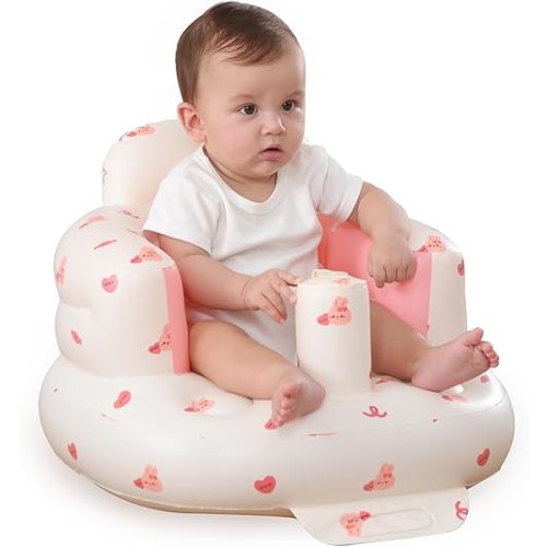 Inflatable Baby Seat for Babies 3-36 Months, Built in Air Pump Baby Chair Sit Me up Floor Seat for Baby, Bumbo Seat for Learning to Sit, Feeding, Camping (Love Bunny)