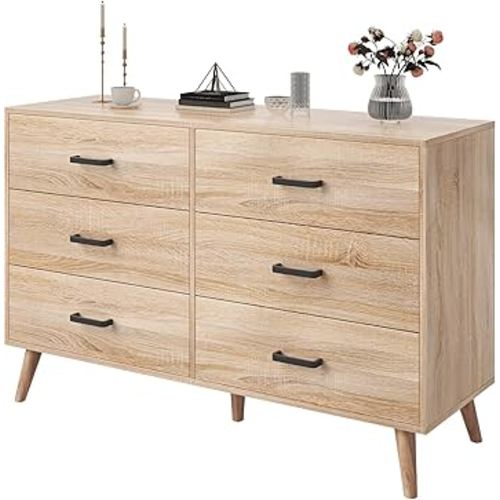 Bigbiglife Wood Dresser for Bedroom, 6 Drawer Dresser with Metal Handles, Mid Century Modern Dresser Double Chest of Drawer (Light Oak)