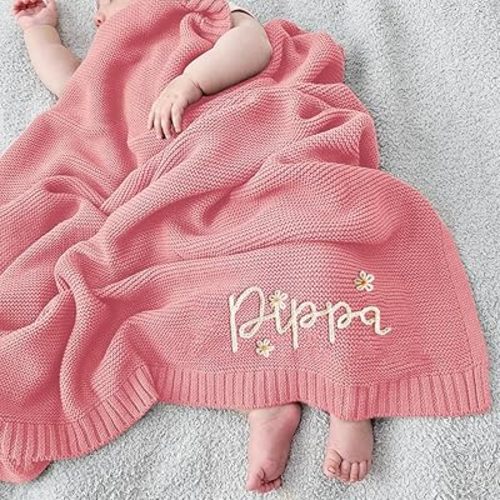 Personalized Knit Hand Embroidered Baby Name Blanket Custom Embroidered Cotton Nursery Blanket Gifts for Newborn Baby Boy and Girl Newborn Holiday Shower Gift, Cotton Knit Stroller