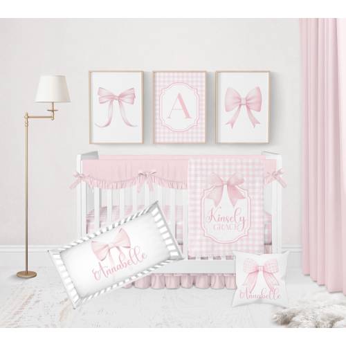 Pink Bow Nursery Bedding, Pink Crib Bedding Set, Gingham Bow Baby Girl Bedding, Baby Bedding Crib Sets Girl, Coquette Bow Nursery Decor Girl