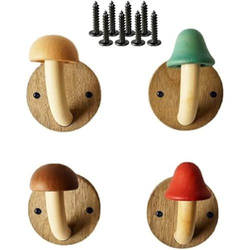 Wooden Mushroom Coat Hooks, Mushroom-Shaped Coat Hangers, Wall Mounted Towel Hanger, Solid Wood, Colorful, Set of Hooks with Screws (4 Hooks & 8 Screws)