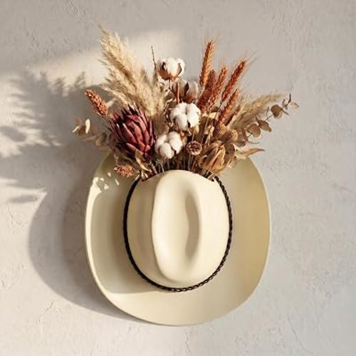 Hanging Wall Vase for Flowers Resin Cowboy Hat Vase Western Decor Beige