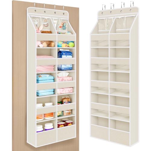 Univivi 6-Shelf Over Door Hanging Organizer Fabric Door Storage with 10 Large Pockets and 4 Small PVC Pockets Closet Cabinet Wall Mount Hanging Storage Organizers for Baby Nursery (Beige Pattern)