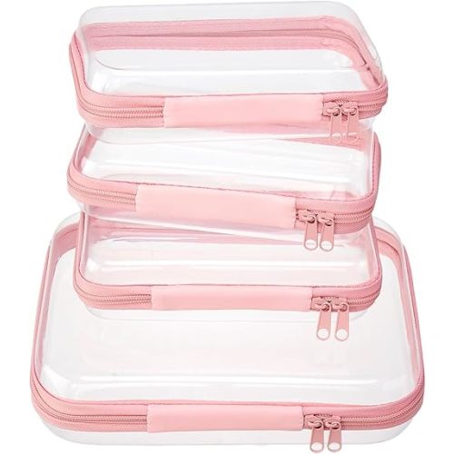 4 pcs Clear Zipper Pouches,Hard Shell Zipper Case, Toiletry Bag for Travel, CLear Diaper Bag, Toiletry Pouch, Travel Organizer, Clear Cosmetic Bag,Toy Storage Bins (M+3S) (Light Pink)