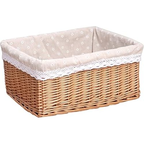 Willow Storage Basket with Linen Liner - 14.96 x 11.02 x 6.69 Inch Handwoven Decorative Bin for Home, Kitchen, Nursery - Rustic Organizer for Blankets, Toys, Fruits & More