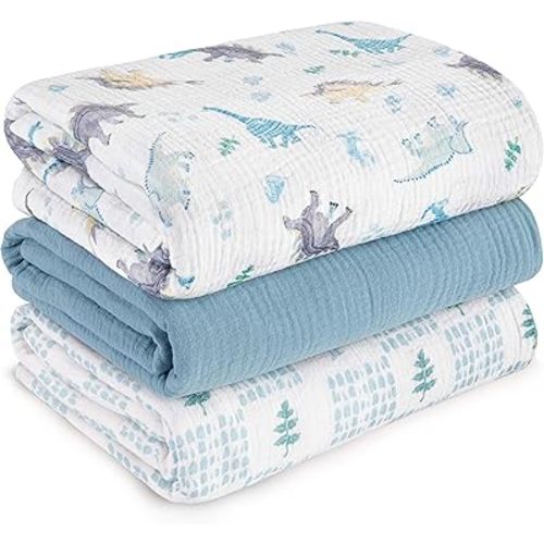 Muslin Swaddle Blankets for Newborn, 3 Pack Breathable Soft Receiving Blanket, Large 38 x 40 inches Swaddle Wrap Burping Clothes Diapers, Essentials Infant Shower Items, Toddler Gift (Blue Dinosaur)